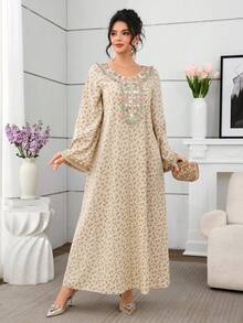 Yasmyna Women's Apricot Woven Floral Embroidered Collar Scalloped Hem Elegant Arabic Style Dress, Spring/Summer - Apricot - View 4