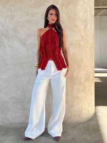 Aloruh Women's Elegant Multi-Layer Ruffle Trim Stand Collar Fitted Tank Top - Red - View 4