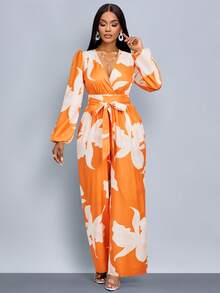 SOLERSUN Bộ jumpsuit ống rộng tay phồng in họa tiết toàn thân thanh lịch, thích hợp mặc hàng ngày. - trái cam - Xem 5