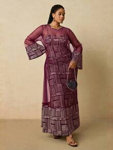 Travachic Conjunto de 2 piezas de vestido de punto con camisola de mujer talla grande con patrón geométrico africano y chal de malla - Rojo violeta - Ver 8