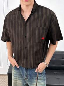 ESTAVOR Men's Fashionable Casual Striped Button-Down Short Sleeve Shirt - Brown - View 2
