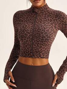 Dewbera 1pc Women's Seamless Mock Neck Leopard Print High Stretch Drawstring Waist Running Fitness Yoga Outerwear With Thumb Hole Long Sleeve Sweatshirt Compression Shirts For Women - Coffee Brown - View 4