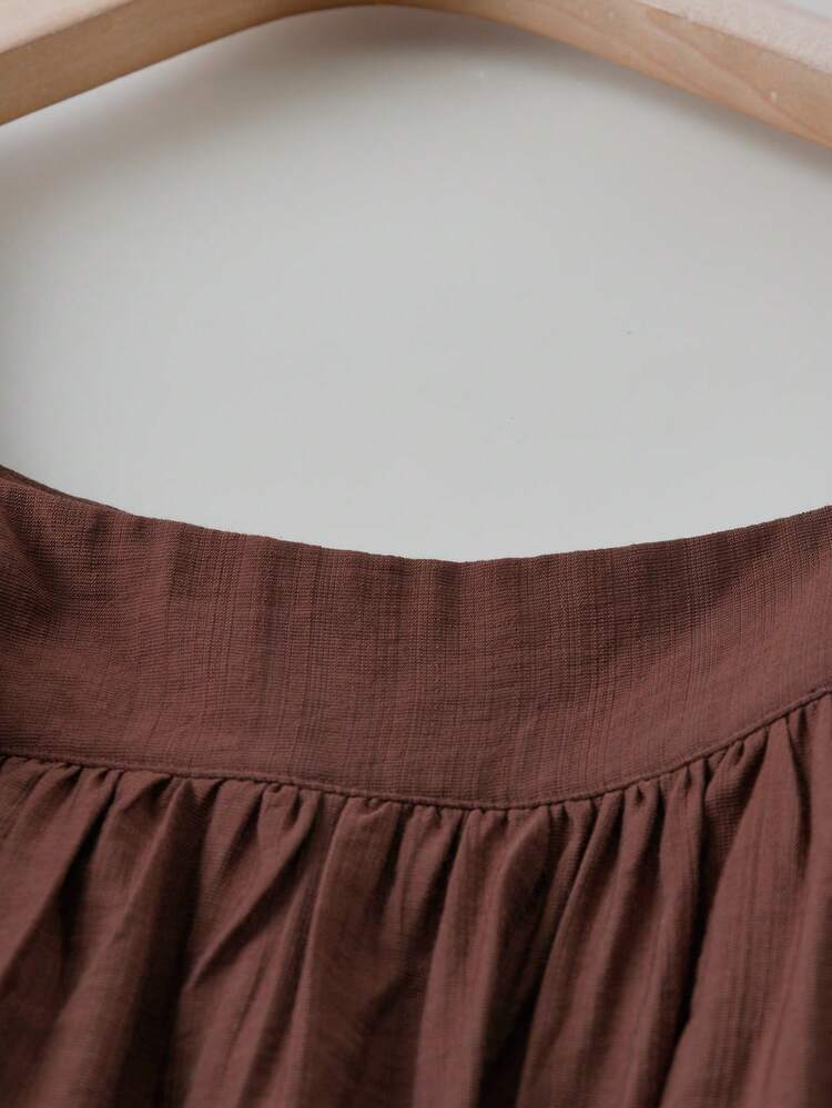 SHEIN Essnce Plus-Size Women's Autumn/Winter Fashionable Casual Loose Comfortable Everyday Versatile Slimming Ruffled Square Neck Brown Long-Sleeved Shirt,Fall Outfits,Women Blouse,Work Tops - Brown - View 3