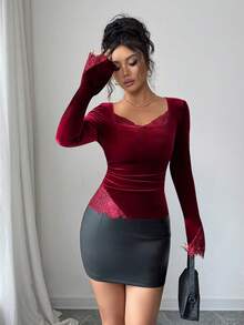 Elenzga Áo thun nữ cổ tròn tay dài phối ren thêu thanh lịch, mặc thường ngày và mặc vào dịp Giáng sinh, Thu/Đông - Đỏ - Xem 4