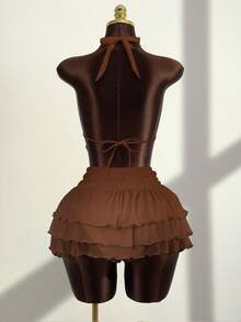 Zestiva Bộ đồ bơi 3 món dành cho nữ gồm áo bikini buộc dây phía trước đính hạt và chân váy xếp ly cạp cao, thích hợp cho mùa xuân/hè. - màu nâu - Xem 2