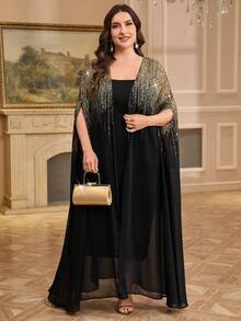 SHEIN Clasi Plus Size Women Shiny Batwing Sleeve Cardigan And Slip Dress Elegant 2 Pieces Set Modest Sets - Black - View 8