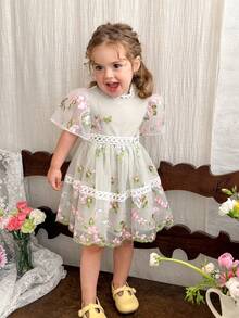 LMoss Kids LMoss   Baby Girl Woven Mandarin Collar Solid Color Patchwork Embroidered Mesh Casual Dress,,فستان,تنوره,فساتين بنات,ملابس اطفال,Baby Girls Clothes,Prom Dress,Summer Clothes,Suitable For Everyday Life, Parties, Birthdays, And Celebrations In Spring And Summer. - Multicolor - View 3