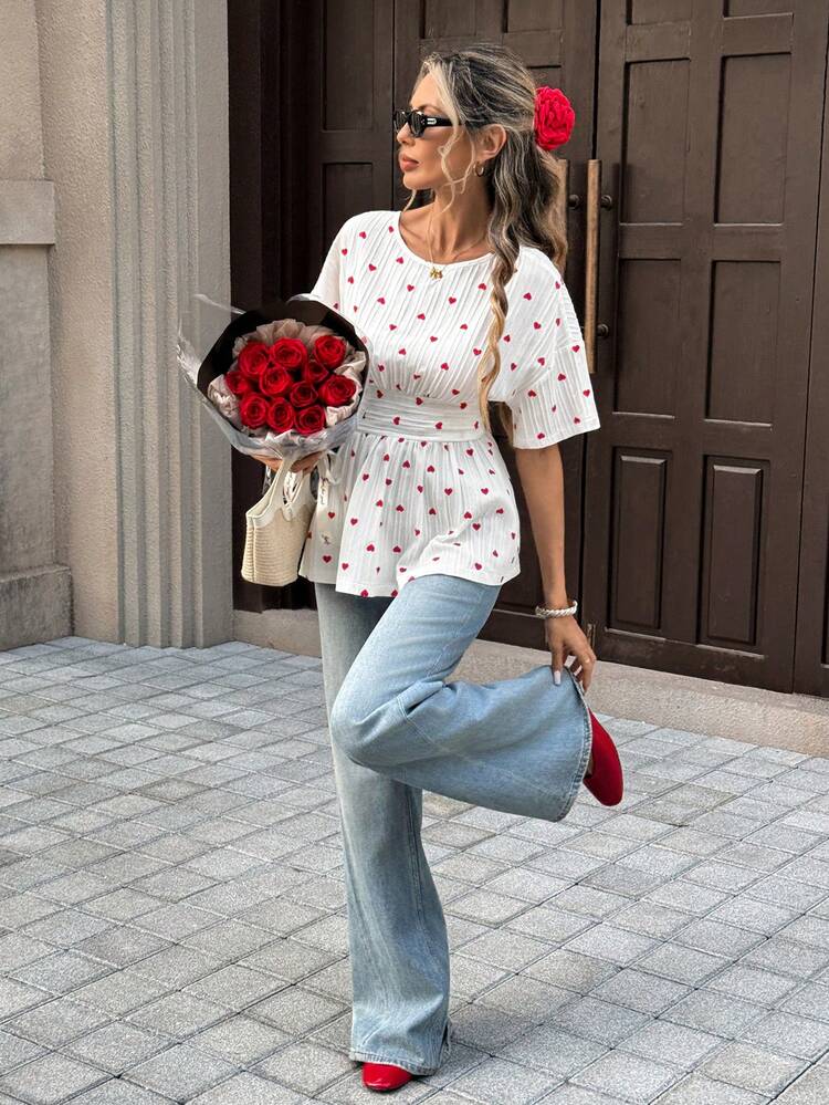 Pariaura Women's Red Heart Pattern Back Tie Waist Shirt, Valentine's Day Shirt, Holiday Shirt Open Back Shirt Tie Back Top Blouse Summer Heart Print Top - White - View 4
