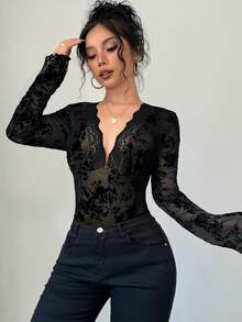 Firerie 女士优雅春夏新款简约印花植绒连体衣，适合日常通勤、情人节等场合，性感迷人。 - 黑色 - 查看 4