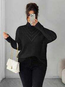 Elenzga Jersey de cuello en V de unicolor talla grande para mujer, invierno - Negro - Ver 7