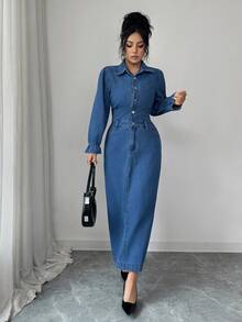 Elenzga 女士休闲水洗长款牛仔连衣裙 - 藍色 - 查看 3