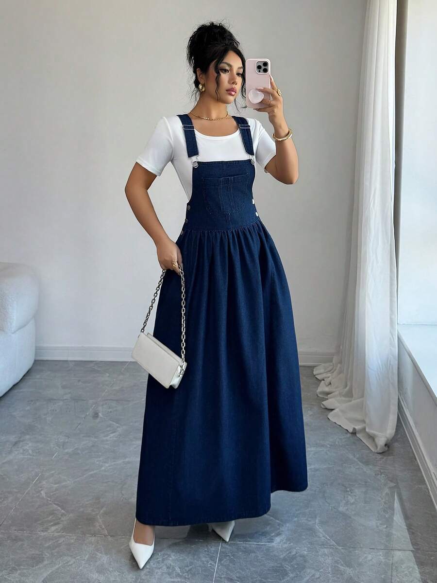 Elenzga Women's Loose Casual Slimming New Dark Blue Denim Dress Summer Elegant - Dark Wash - View 1