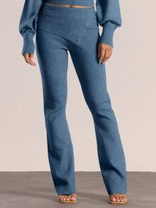 MUSERA Quần ống loe dệt kim cạp trung bình, có khuy gập, chỉ có màu len, thích hợp mặc mùa đông, đi chơi, hàng ngày, đi chơi tối, gợi cảm, dễ thương, ấm áp, mùa xuân. - Màu xanh bụi bặm - Xem 2