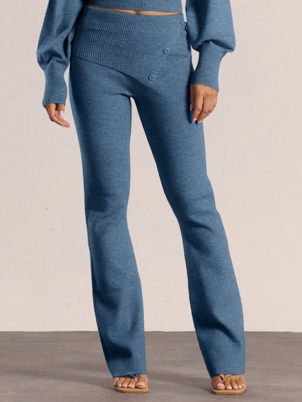 Fold Over Button Waistband Mid Rise Flared Knit Trousers Only Winter Knitwear Casual Going Out Everyday Night Out Sexy Cute Cosy Spring