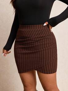 Elaquor 大码女式条纹褶皱紧身半身裙 棕色半身裙 曲线条纹半身裙 高腰半身裙 春季女装 春季女装半身裙 - 咖啡棕 - 查看 4