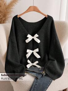 CosyJoli Women's Plus Size Bowknot Back Knitted Sweater, Fashionable, Comfortable And Versatile For Autumn/Winter - Dark Grey - View 1