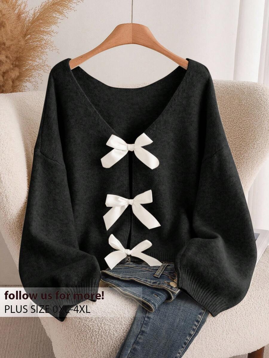 CosyJoli Women's Plus Size Bowknot Back Knitted Sweater, Fashionable, Comfortable And Versatile For Autumn/Winter - Dark Grey - View 1