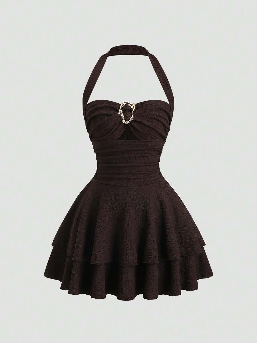 Sweetra 春夏新款设计感十足的高街优雅复古性感修身镂空露背吊带连衣裙，优雅百搭，舒适休闲，适合派对、聚会等各种场合，棕色女装 - 棕色 - 查看 1