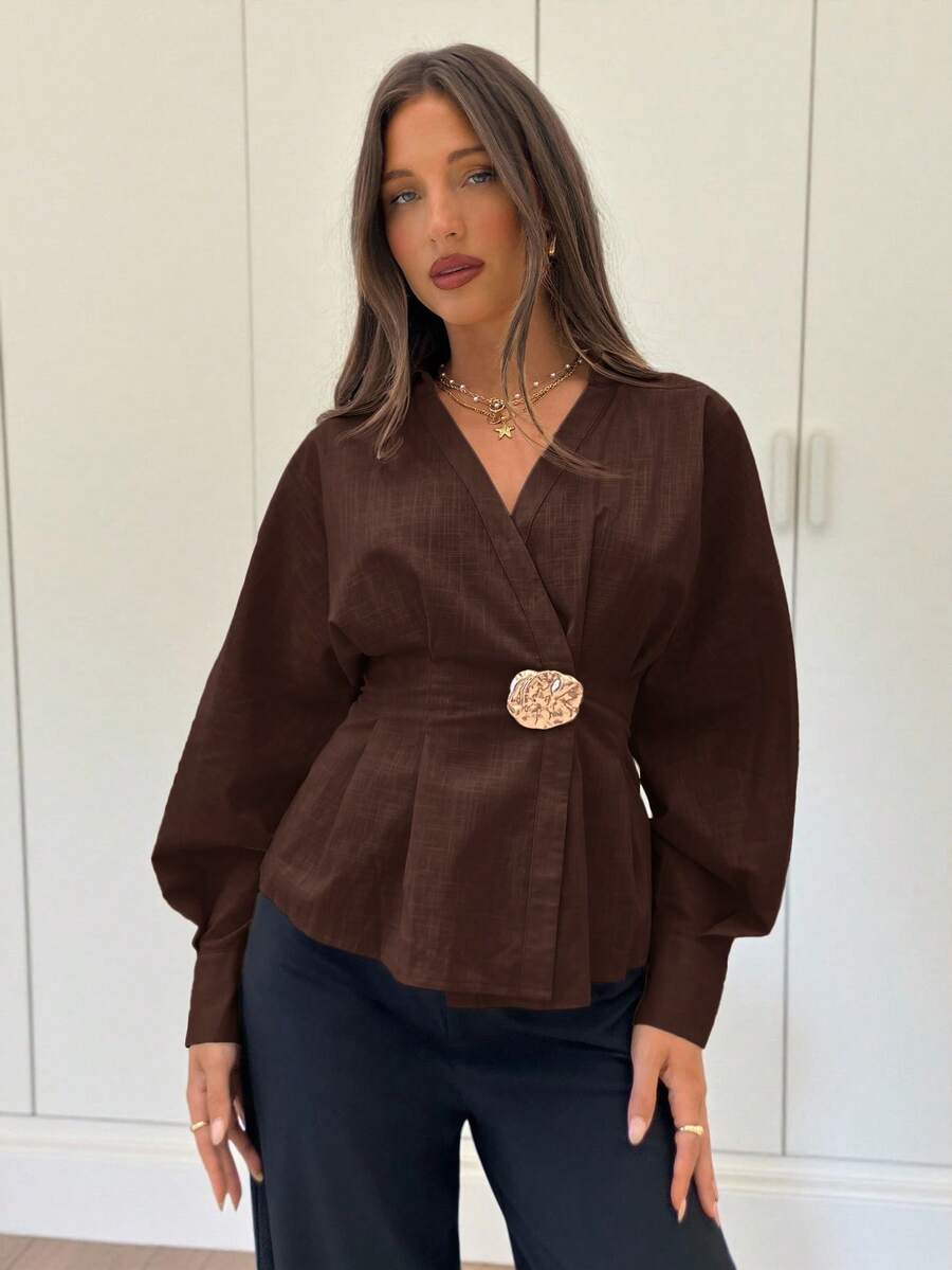 Siren Gaze 女士时尚优雅束腰衬衫，秋冬季 - 棕色 - 查看 1