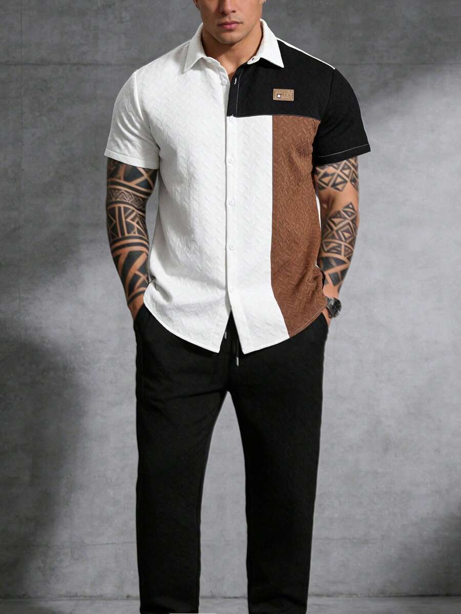 Manfinity Homme Bộ áo sơ mi ngắn tay và quần nam phối họa tiết, bộ đồ 2 mảnh dành cho nam. - Đen và trắng - Xem 1