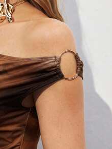 Travachic KIDS Tween Girl Tie-Dye Print Ruched Asymmetric Shoulder Fitted Casual Dress Valentine's Day  Vacation - Brown - View 3