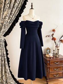 Vintamour Vintage Elegant Navy Blue Midi Formal Dress For Women,Autumn Dining Christmas Party Outfit,Off Shoulder Long Sleeve New Year's Eve Graduation Dresses - Navy Blue - View 5