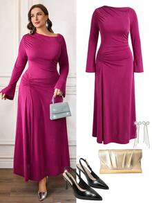 Firerie Plus Size Elegant Formal Blush Pink Autumn Dress For Women,Wedding Ninang,Ruched Flare Long Sleeve,Tummy Flattering,Curvy Office Party Valentine's Day - Hot Pink - View 8