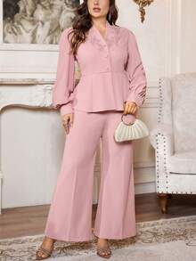 Firerie Plus Size Women 2pcs Set - Pink Lantern Sleeve Top And Pants, Elegant Outfit Suitable For Traditional Gatherings, Parties, Commute And Workplace Blouse And Pants Set Modest Two Piece Set Elegant 2 Piece Set Formal Two Piece Set - Dusty Pink - View 5