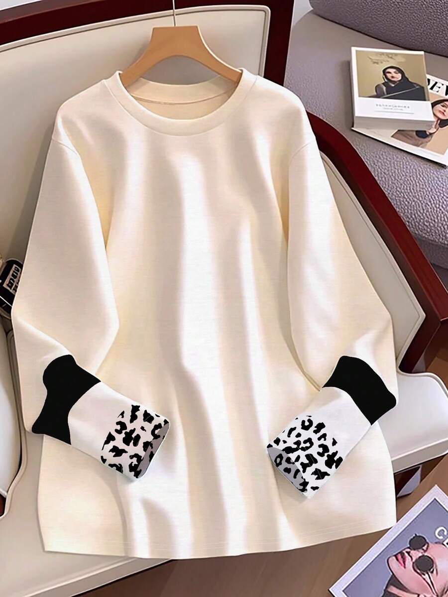 Resyla New Arrival Spring/Autumn Bestselling Black & White Leopard Print Round Neck Long Sleeve Women T-Shirt - White - View 1