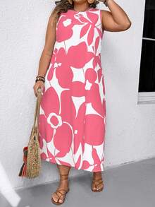EMERY ROSE Plus Size Colorblock Print Round Neck Sleeveless Dress - Pink - View 5
