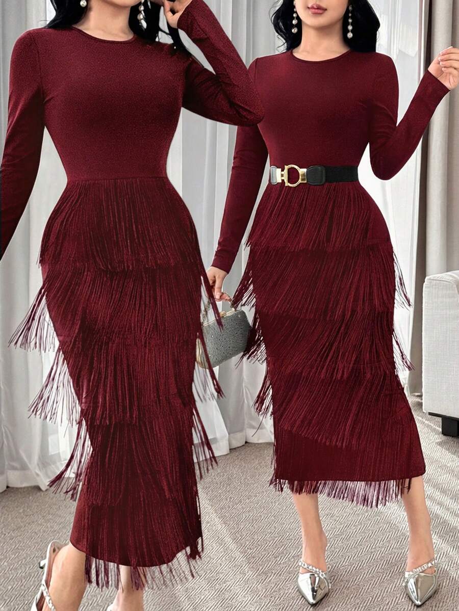 Modelyn Elegant Tassel Decor Solid Color Round Neck Long Sleeve Fitted Dress For Women Maroon Dress Fringe Dress Red Wine Dress Long Sleeve Elegant Dress - Burgundy - View 1