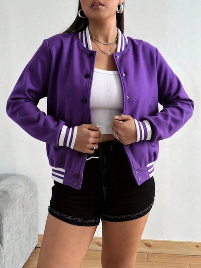 Chaqueta de béisbol casual para mujeres - abrochada, puño a rayas de color, bolsillo, adecuada para deportes al aire libre en otoño e invierno, fitness, ejercicio, ropa callejera