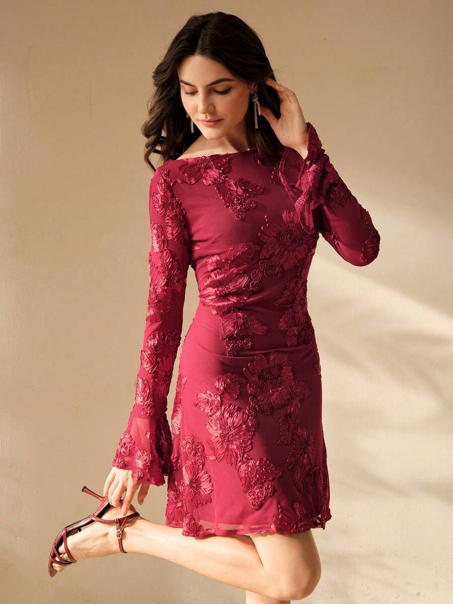 Anewsta Abito corto elegante rosso con maniche a sbuffo in rete, con lacci e ricami, adatto per eventi di matrimonio, autunno - Bordò - Visualizzare 1