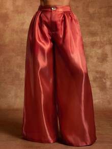 Vixey Amber Brown Organza High Waist Pleated Wide Leg Pants - Brown - View 2