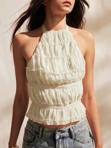 Easelle Áo quây hở lưng, xếp ly, màu trơn thời trang dành cho nữ - Màu be - Xem 6