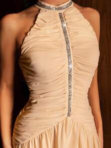 Modelyn 女士亮片拼接褶皱优雅吊带中长连衣裙 - 藕粉色 - 查看 6