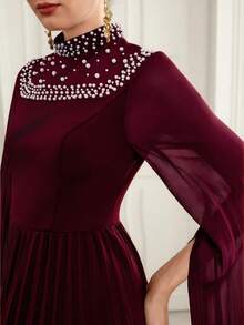 Elenzga 女士优雅浪漫精致奢华派对/聚会雪纺飘逸主教袖立领褶裥腰身连衣裙 - 酒紅色 - 查看 7