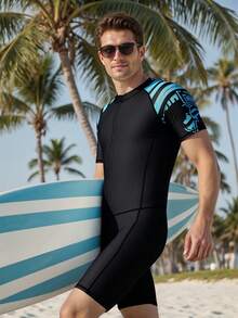 Manfinity Swimmode Men's Beach Vacation Printed Zip-Up One-Piece Swimsuit