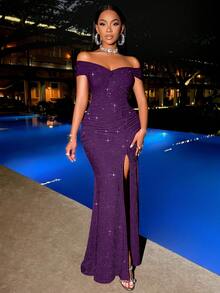 SOLERSUN 适合圣诞派对度假和约会优雅的勃艮第酒红色优雅扭曲露肩露背肩带高开叉美人鱼连衣裙，带有金属光泽的长款女装 - 紫色 - 查看 7