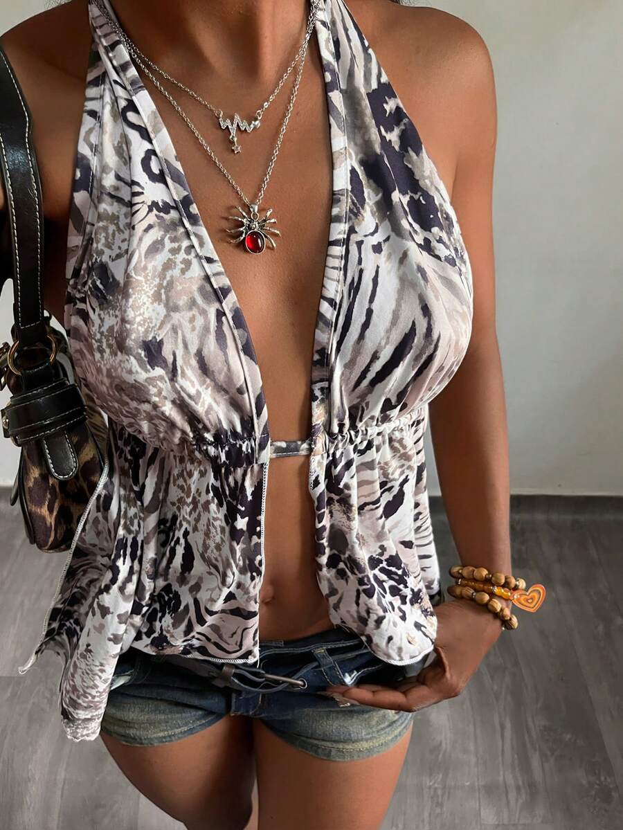 StreetHx Camiseta sin espalda con estampado de leopardo para mujer - Multicolor - Ver 1