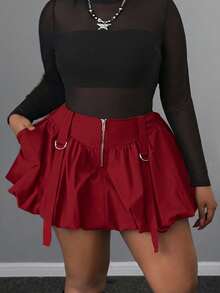 Maweii Chân váy mini màu đen có khóa kéo, viền bèo hoa, kiểu dáng năng động, gợi cảm, thiết kế độc đáo, có thể mặc ngoài hoặc mặc lót, phong cách đường phố, cỡ lớn, thích hợp cho mùa xuân/thu/đông. - Đỏ - Xem 2