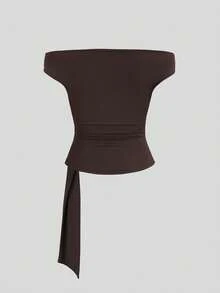 SHEIN Sweetro Women's New Design Sense High Street Elegant Layered Retro Texture High-End Minimalist Slim Fit Strapless Off-Shoulder Asymmetrical Brown T-Shirt Top, Spring/Summer - Brown - View 2