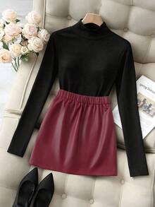 Chiquease 女士纯色不对称下摆PU皮迷你裙，性感 - 酒紅色 - 查看 2