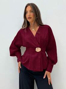 Siren Gaze Women's Metal Buckle V-Neck Long Sleeve Cinched Waist Shirt, New Autumn/Winter Design Spring Valentine's Day Elegant Red Burgundy Blouse Lantern Sleeve Blouse - Burgundy - View 4
