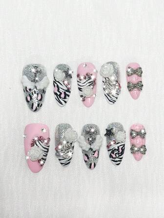 Anime 10 pezzi di unghie finte stile Y2K con elementi decorativi di tigre, rosa, leopardo e fiocco, di alta qualità, realizzate a mano + 3 pezzi di nastro biadesivo, unghie a mandorla medio-lunghe rimovibili dipinte a mano, unghie finte riutilizzabili di alta qualità con paillettes di diamanti, adatte per tutte le stagioni, per feste, balli e uso quotidiano.