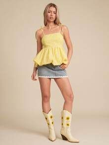 WESTFADE 方领系带泡泡下摆上衣及配套头巾 - 黃色 - 查看 3