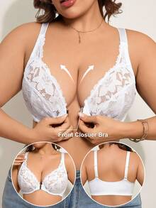 1pc Women Plus Size Front Closure Lace Patchwork Wireless Bra - White - View 1
