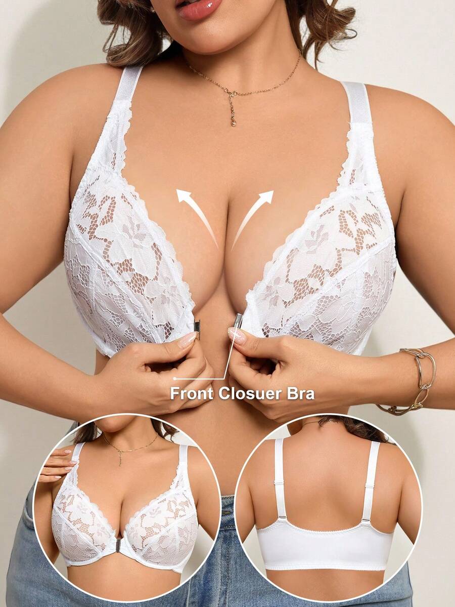 1pc Women Plus Size Front Closure Lace Patchwork Wireless Bra - White - View 1