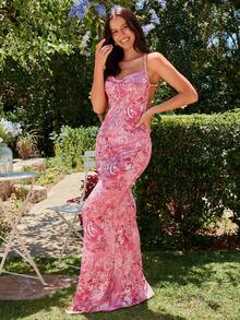 KARISMINA 女士时尚优雅吊带露背粉色碎花连衣裙，超级别致连衣裙，情人节连衣裙 - 粉色 - 查看 6