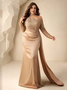 Coutiva Plus Size Elegant Gold Spring Prom Dress,Long Sleeves Asymmetrical Collar Embroidered Pearl Rhinestones Satin Mermaid Skirt Side Drape Event Gown - Champagne - View 7